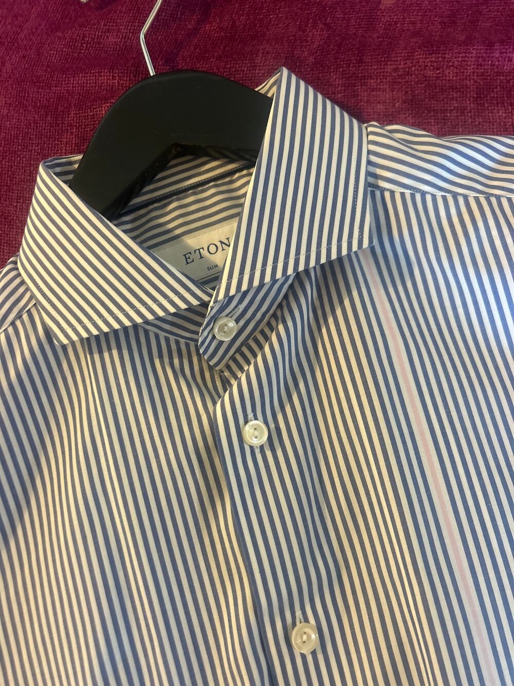 ETON Dress Shirt w Single Pink Stripe EXCELLENT COND Men's Size 17 43 Blue White